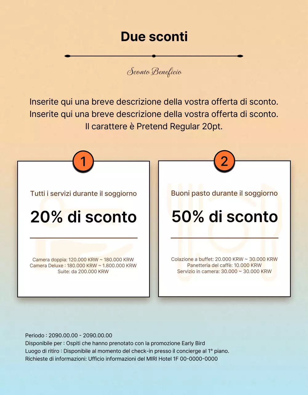 Annuncio kitsch di offerte alberghiere estive in arancione e blu