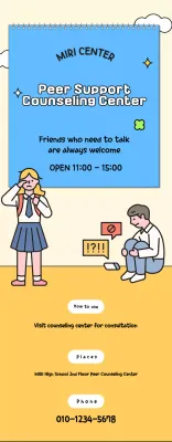Para promoção do centro de aconselhamento com ilustrações azuis e amarelas de estudantes