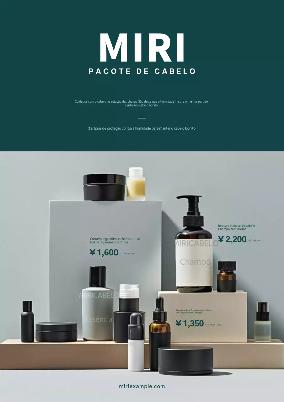 Anúncios simples, de cor caqui, de produtos para o cuidado do cabelo durante a estação das chuvas.