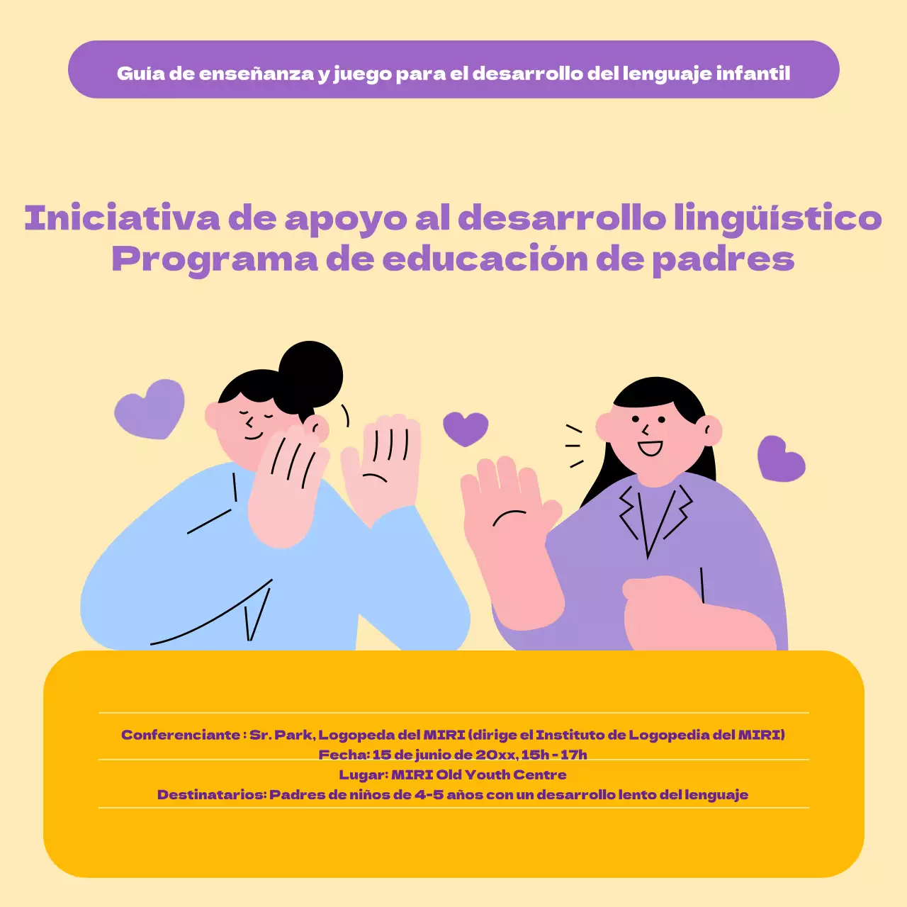 Fomento de la educación para el desarrollo lingüístico en amarillo y morado
