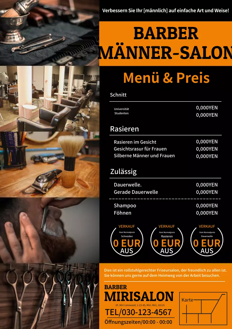 Eine einfache und moderne Werbung für einen Herrenfriseursalon in Orange und Schwarz.