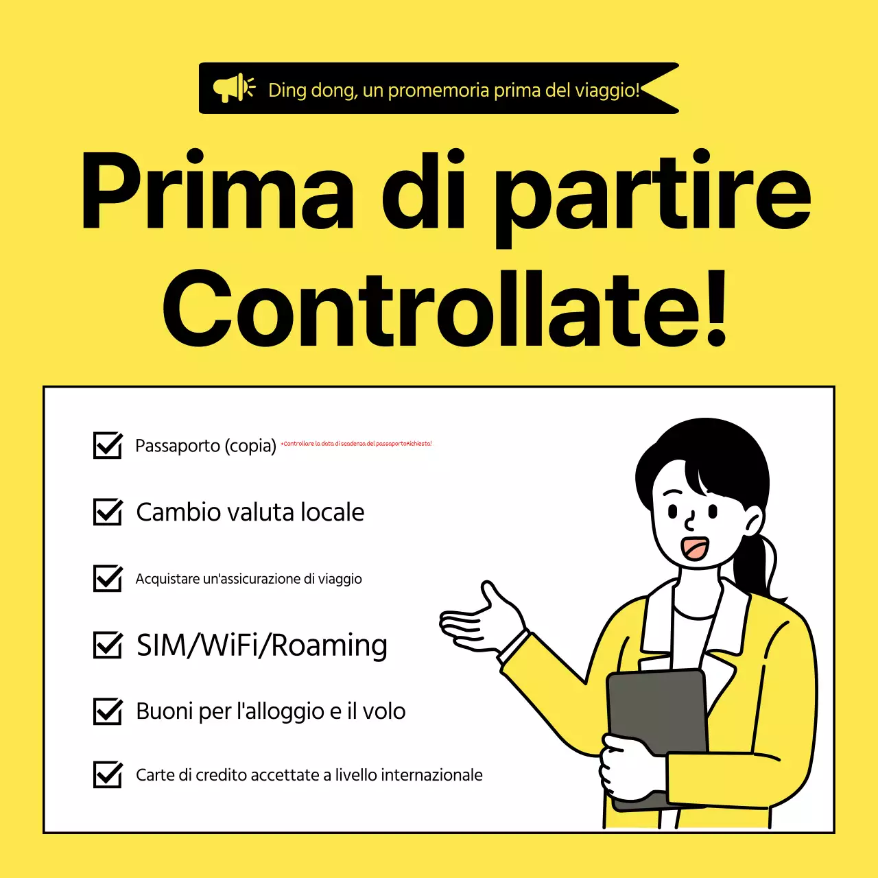 Sulla semplice lista di controllo per l'imballaggio internazionale gialla e nera