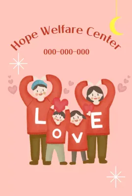 Pusat kesejahteraan yang hangat dan cerah dengan ilustrasi keluarga