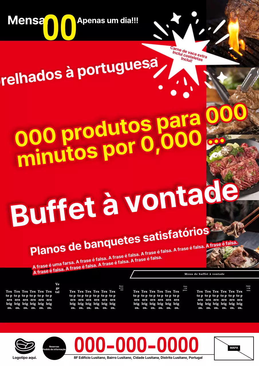 Anúncio de plano de banquetes de carne grelhada ao estilo Don Quixote, vermelho e preto.