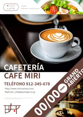 Anuncio de inauguración de una sencilla cafetería blanca