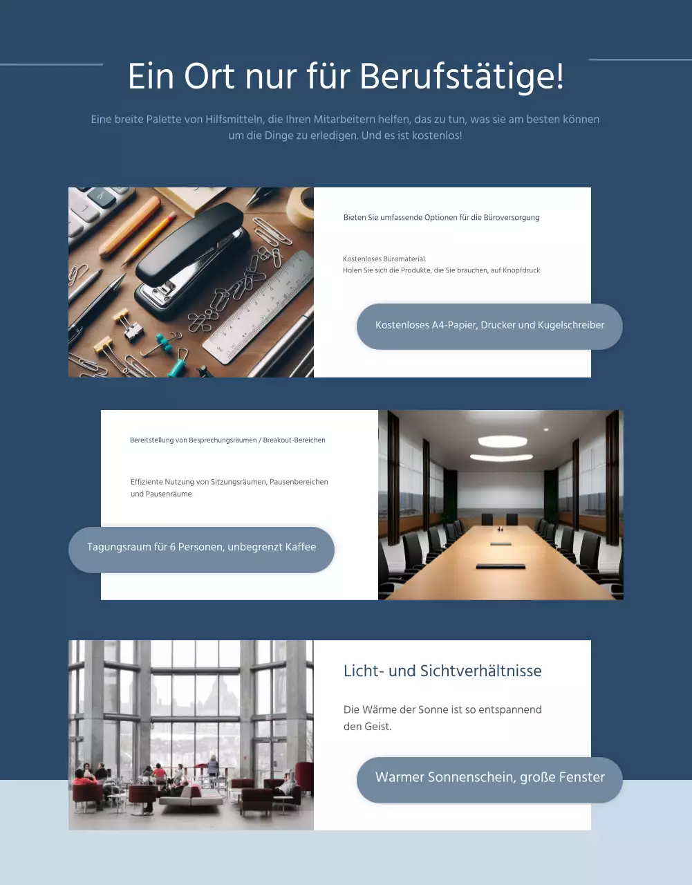 Werbung für einen blau-weißen Coworking Space