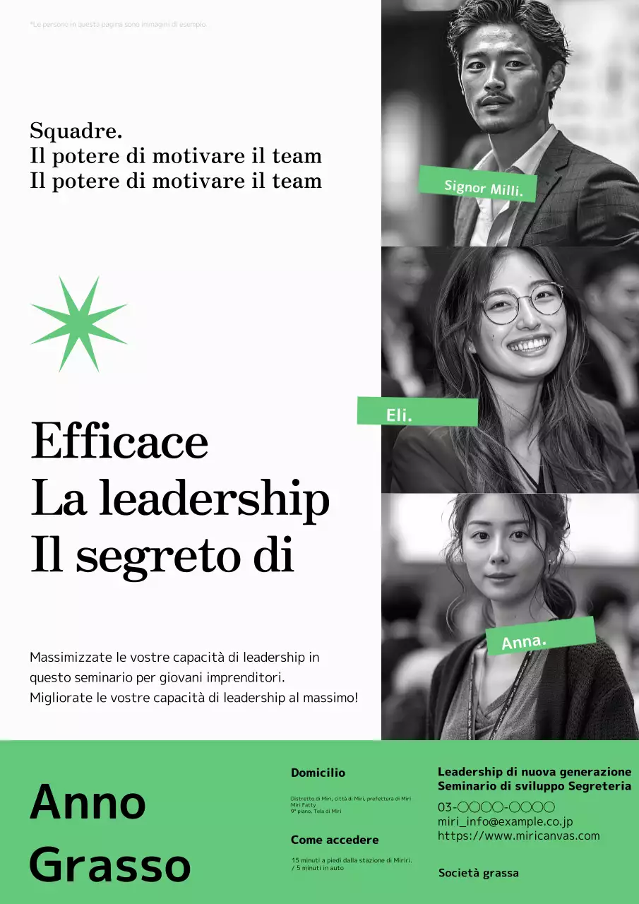 Una moderna pubblicità verde e nera per un seminario sulla promozione della prossima generazione di leader.