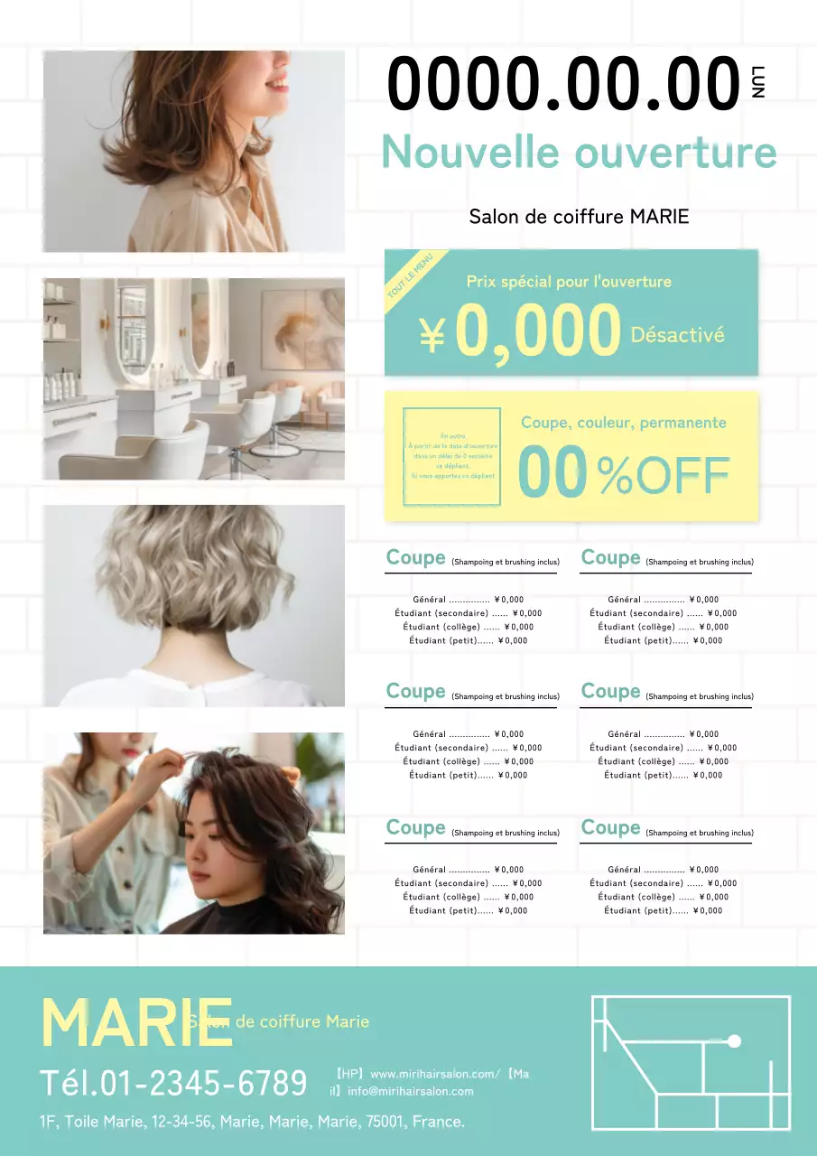 Publicité pour un salon de coiffure moderne et mignon dans les tons menthe et jaune