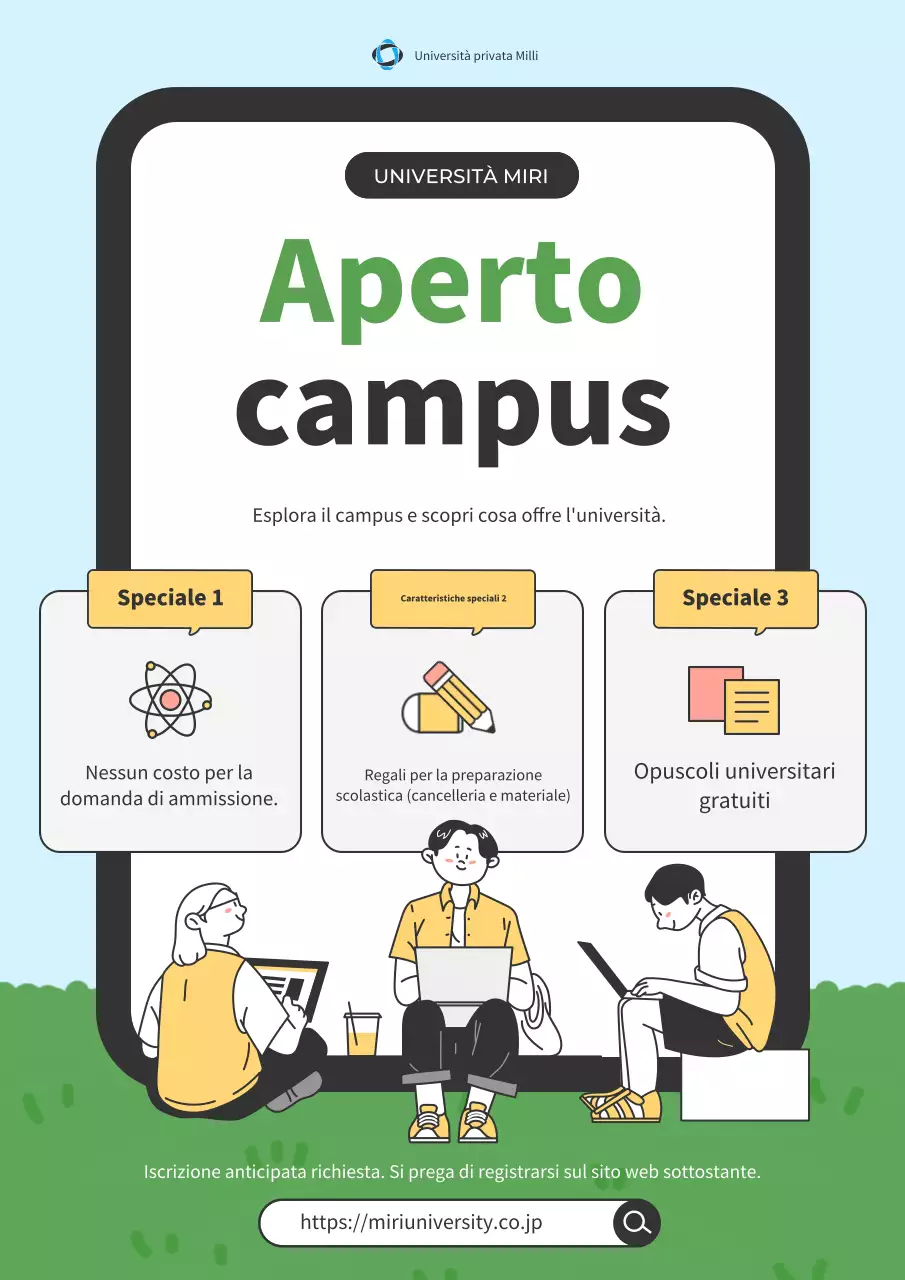 Annuncio trendy di campus universitario aperto in azzurro e verde