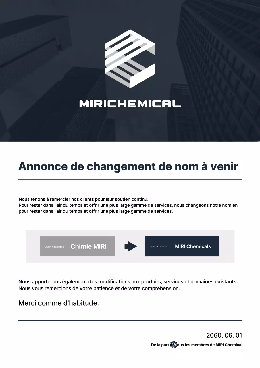 Une annonce moderne de changement de mission en bleu marine et blanc