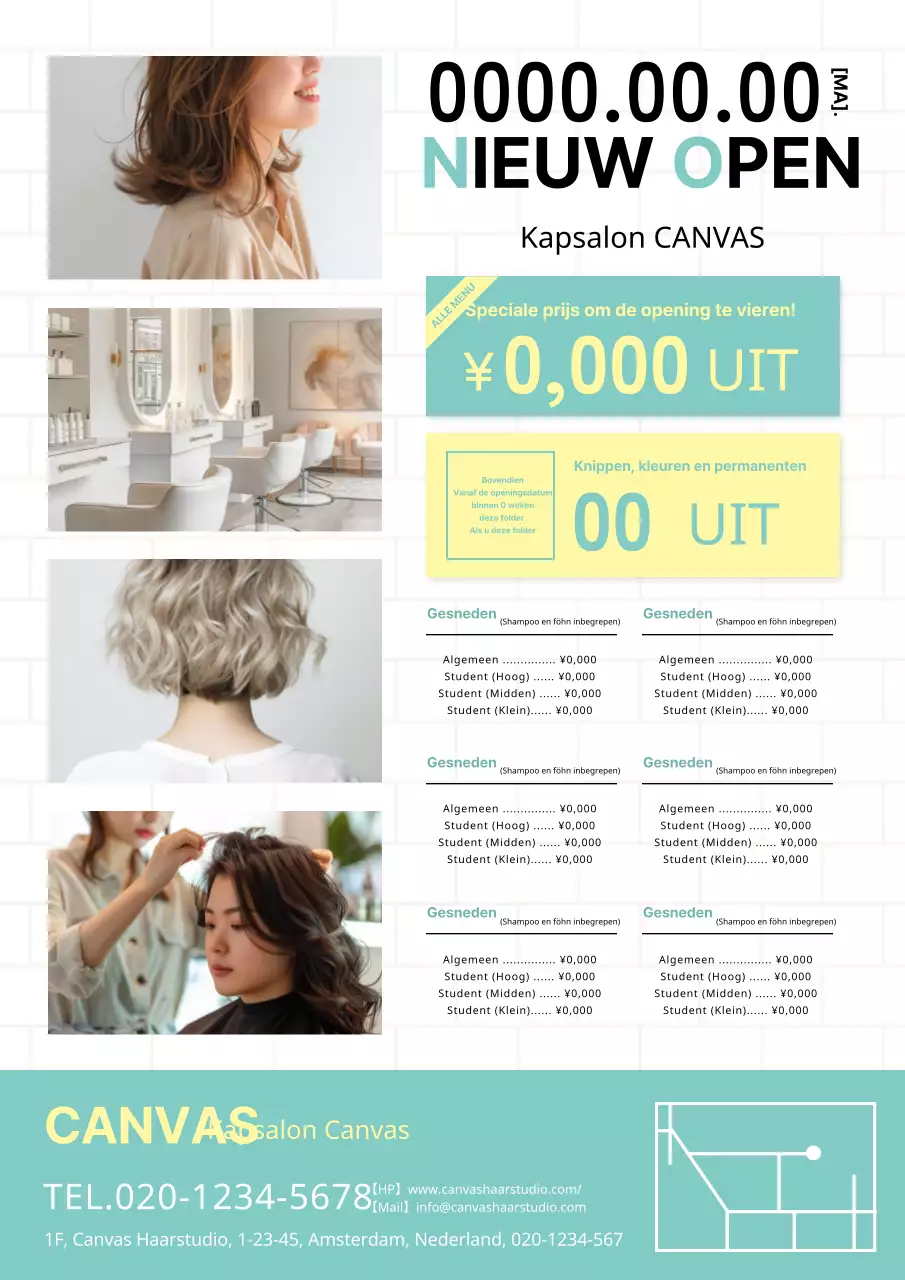 Leuke en moderne kapsalon advertentie in mint en geel
