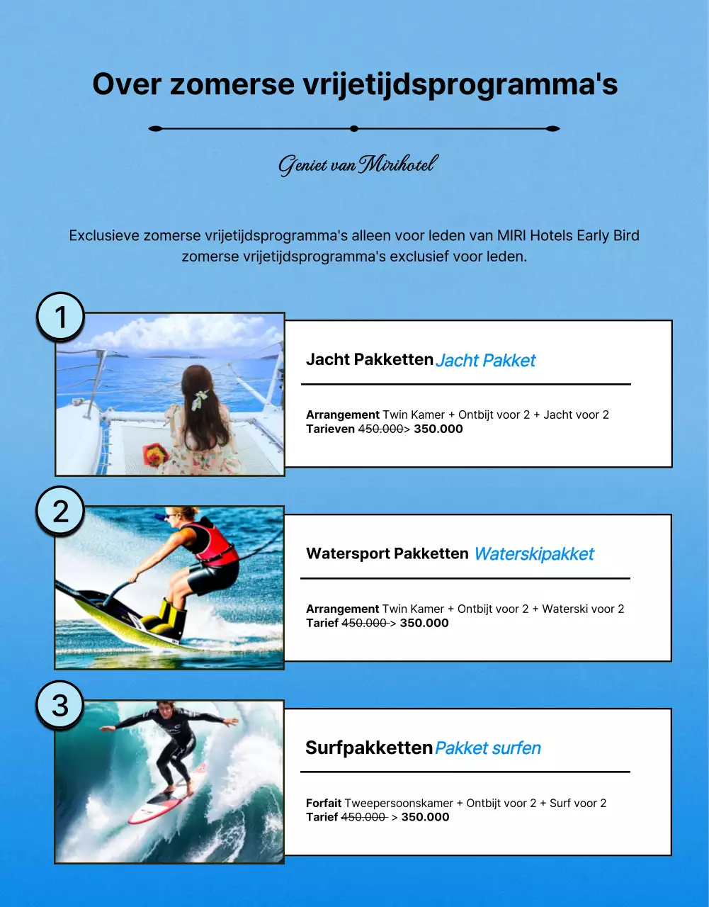 Kitscherige zomerse hoteldeal advertentie in oranje en blauw