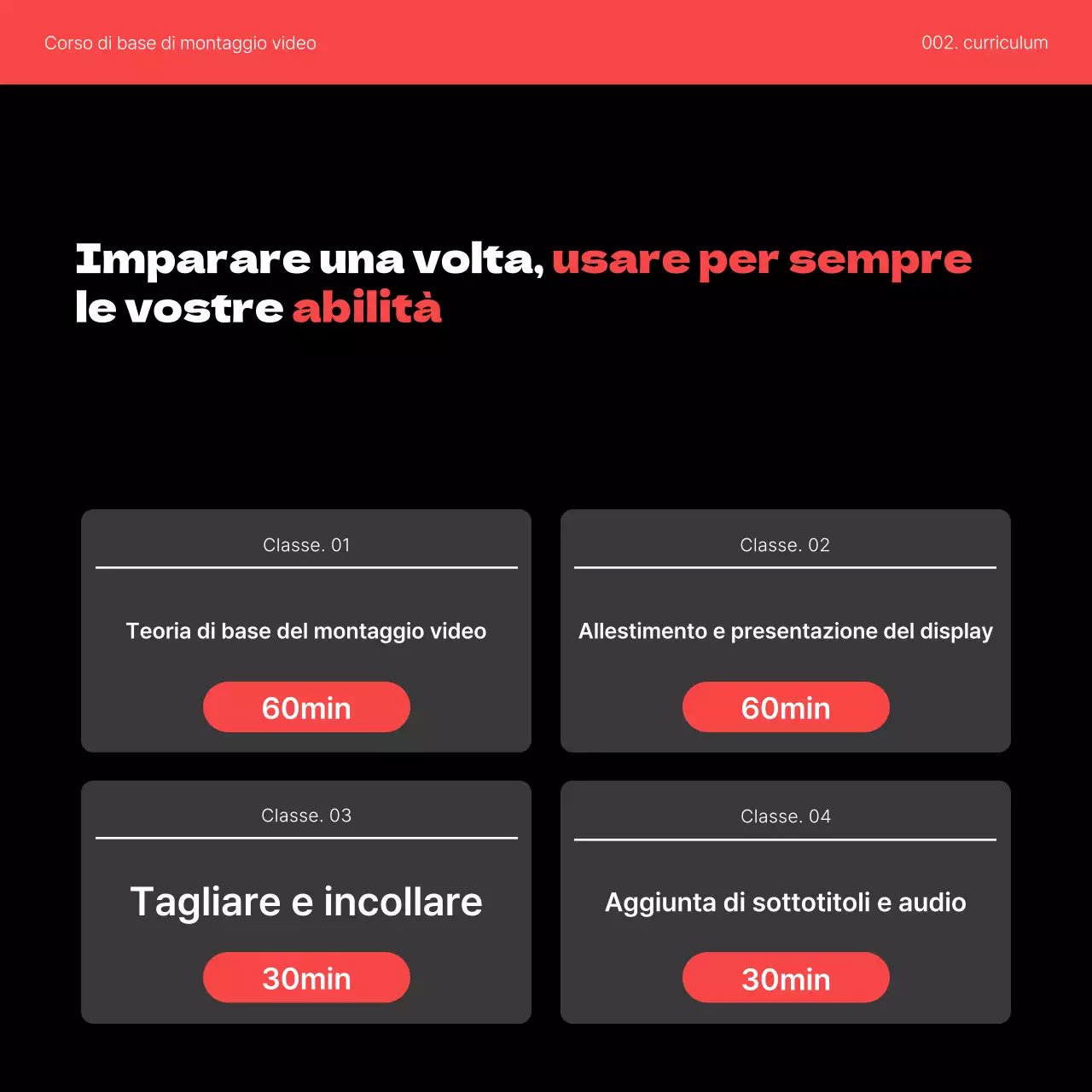 Promuovete un semplice corso di auto-miglioramento di video editing in rosso e nero.