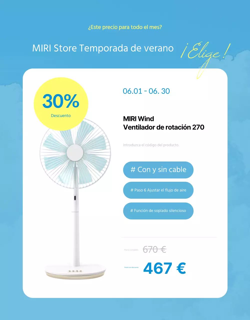 Anuncio de rebajas de verano con toques azules y amarillos