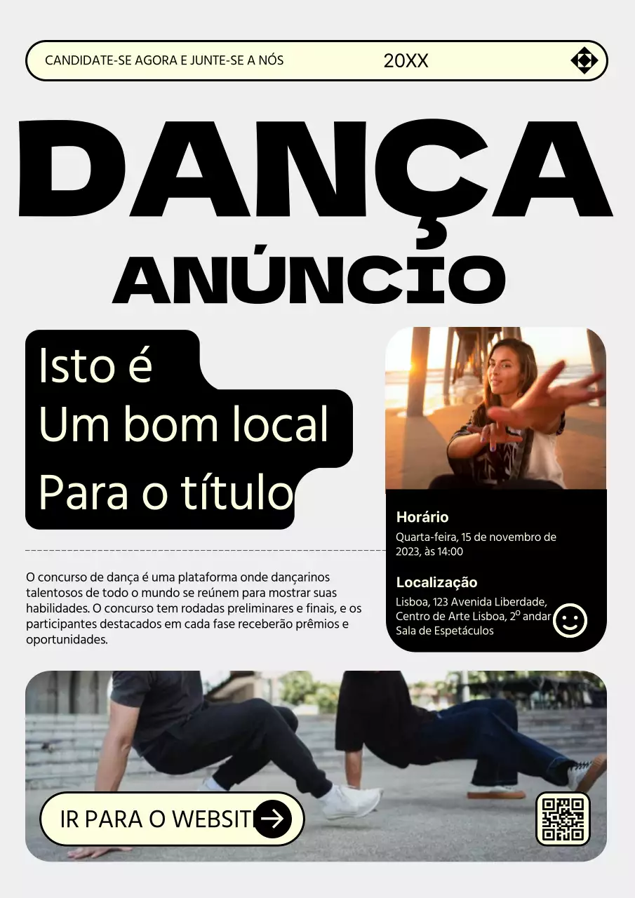 Anúncio de audição de dança na moda em cinzento e amarelo