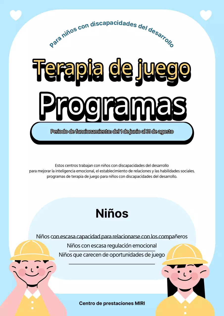 Anuncio de programa de ludoterapia sencillo en amarillo y azul claro