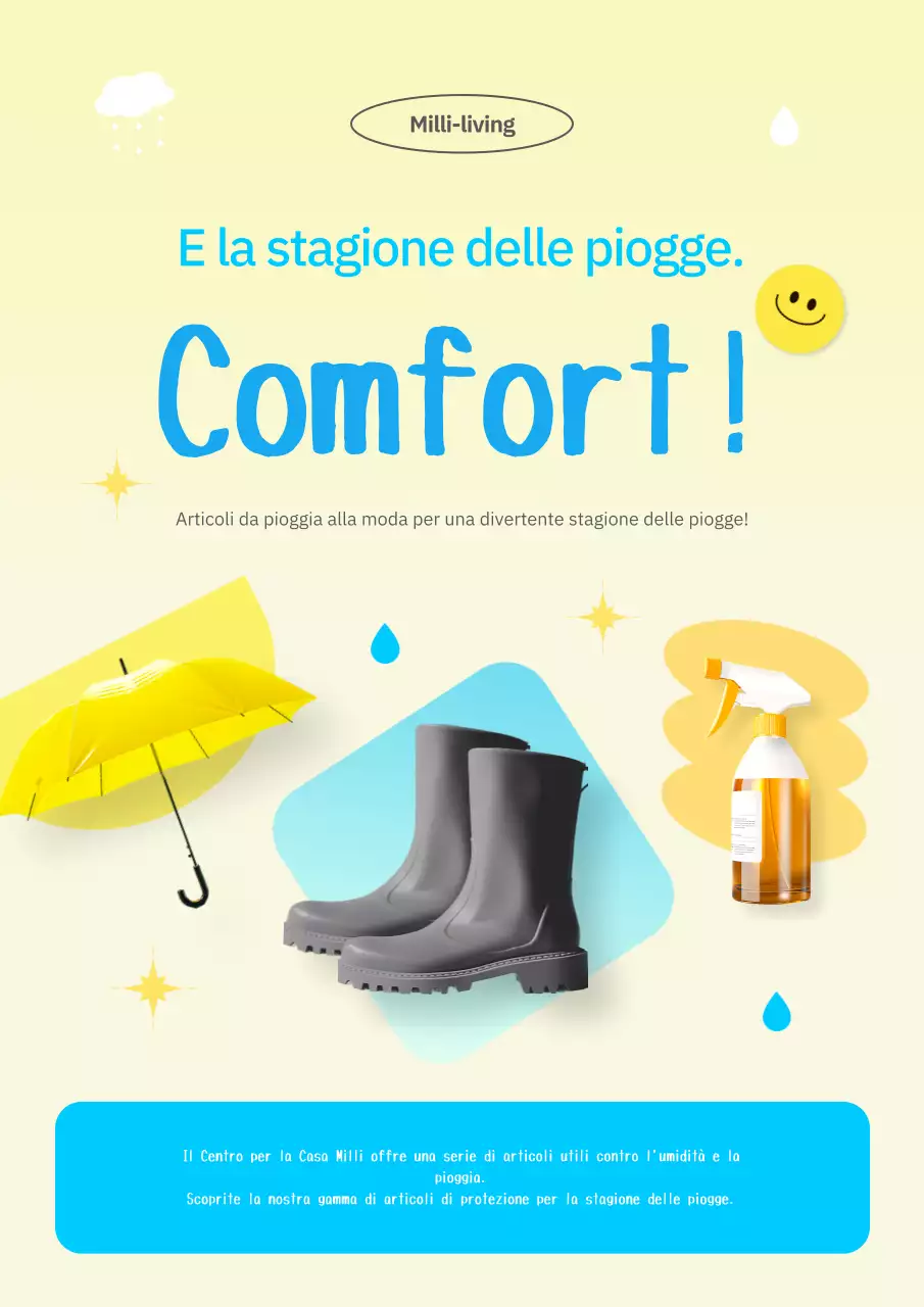 Pubblicità di simpatici articoli gialli e azzurri per la stagione delle piogge.