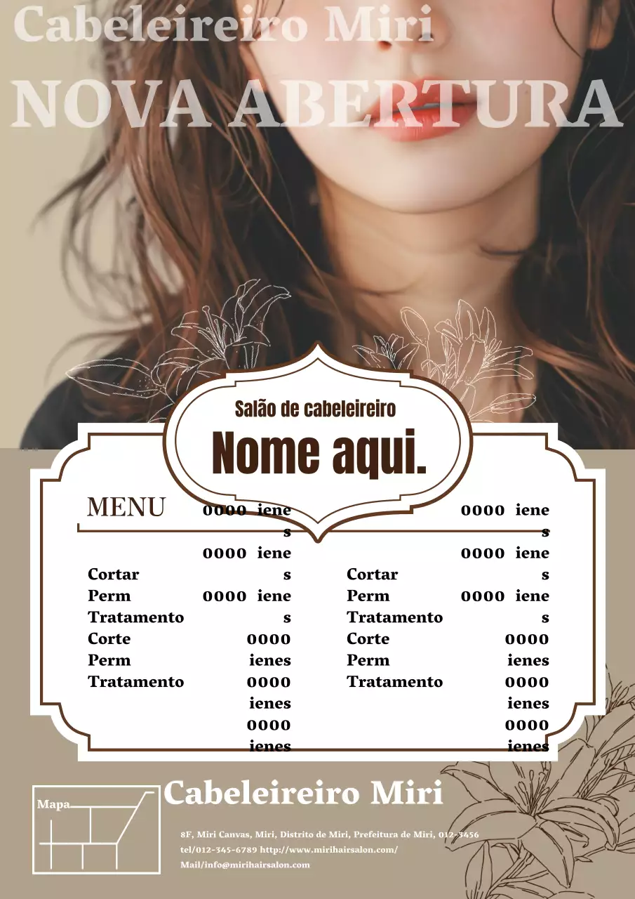 Um anúncio de salão de cabeleireiro moderno e elegante em tons de castanho e marfim.