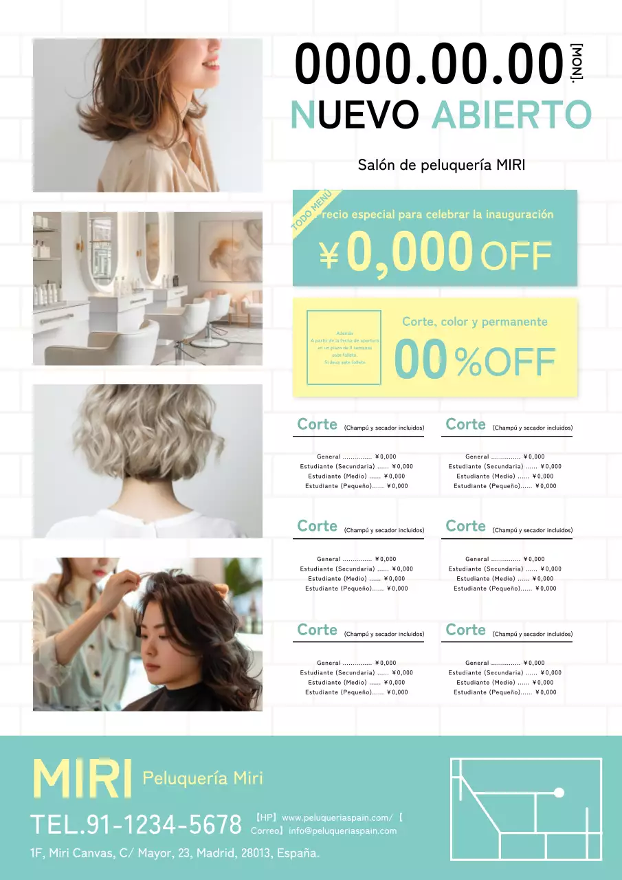 Bonito y moderno anuncio de peluquería en color menta y amarillo