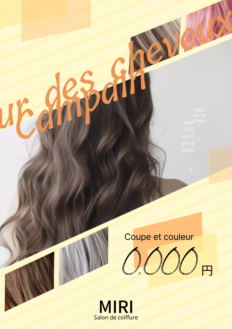 Une publicité mignonne et moderne pour un salon de coiffure en jaune et orange.