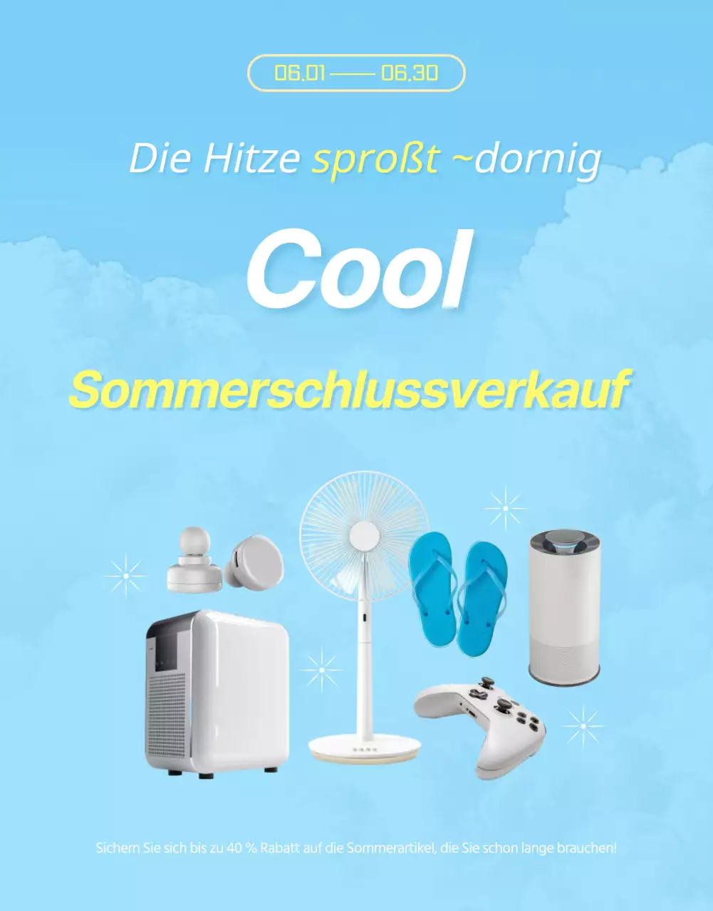 Sommerschlussverkaufsanzeige mit blauen und gelben Akzenten