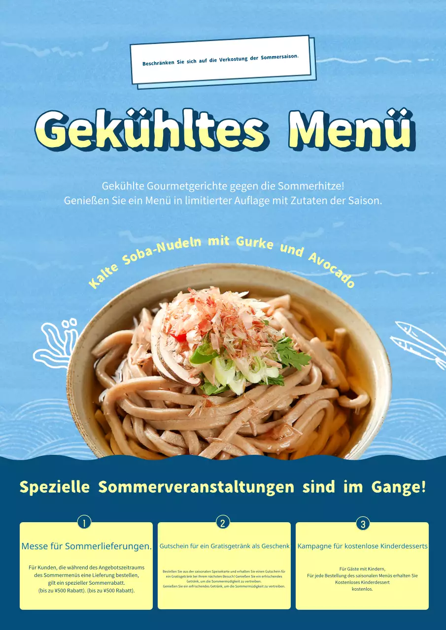 Sommerlicher Speisekartenflyer mit blauen und hellblauen Akzenten