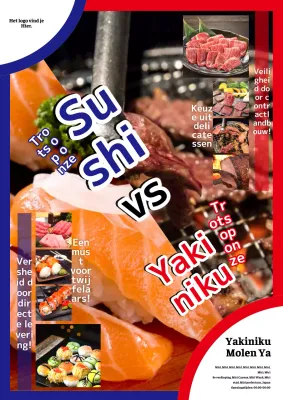 Een eenvoudige rood-blauwe reclame voor sushi vs. vleesrestaurant