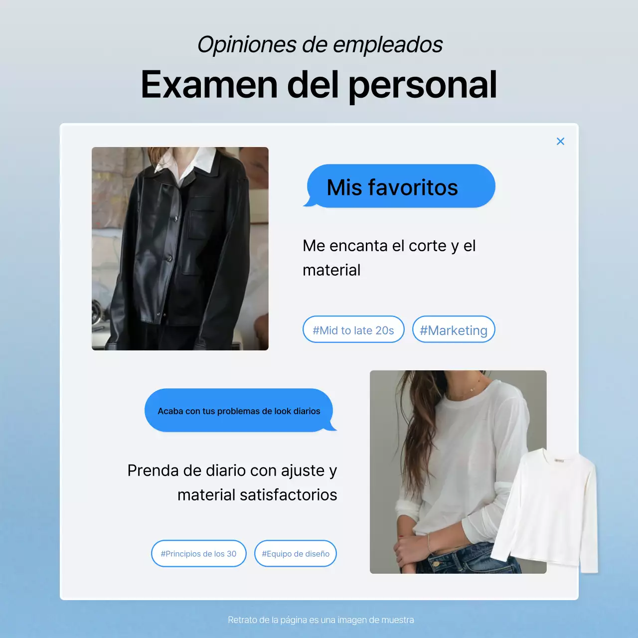 Promover las revisiones de moda en azul y gris