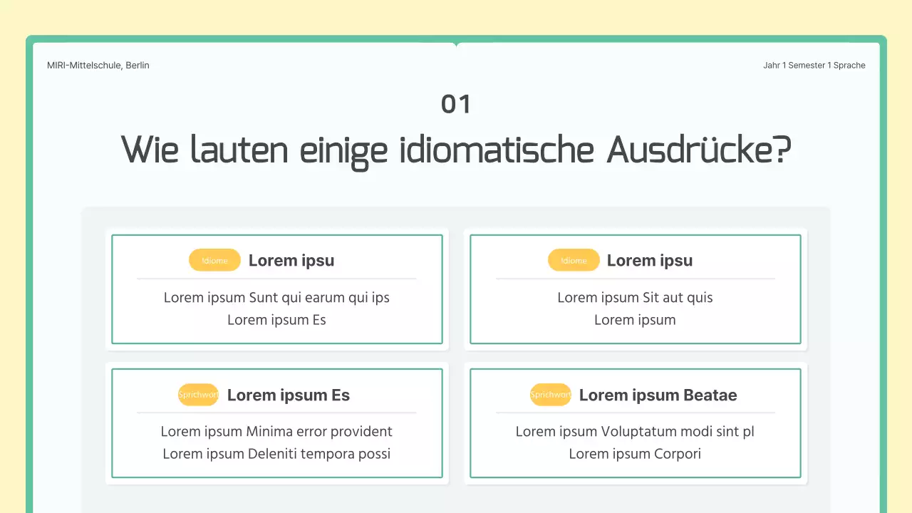 Ein grünes und gelbes Buchkonzept für den Unterricht von koreanischen Redewendungen in der Mittelstufe
