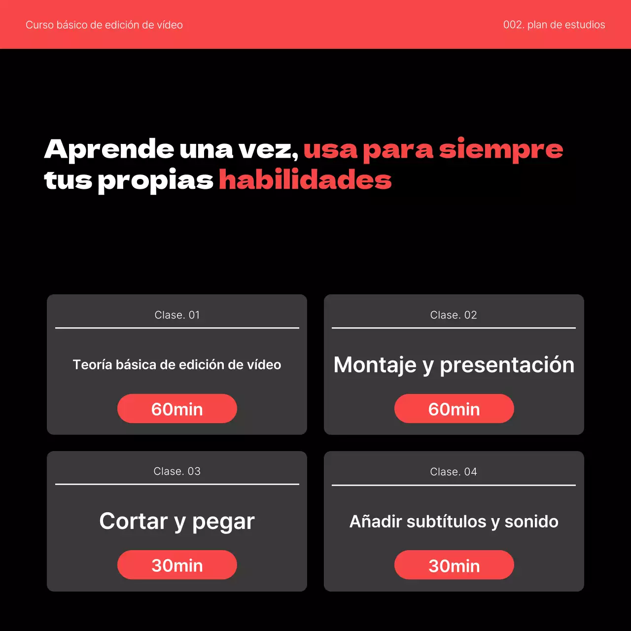 Promover una sencilla clase de autoaprendizaje de edición de vídeo en rojo y negro