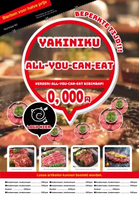 Eenvoudige all-you-can-eat vlees advertentie met een rood-witte coupon