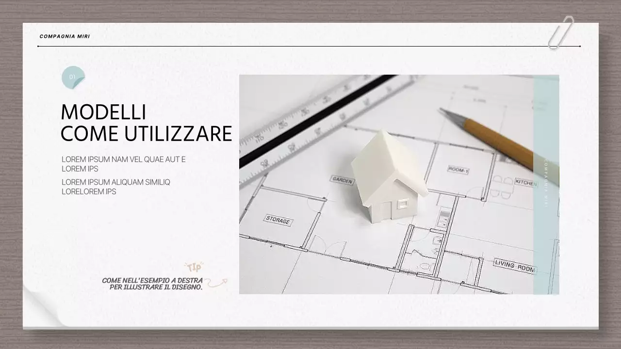 Relazione di architettura moderna e planimetria in beige e azzurro