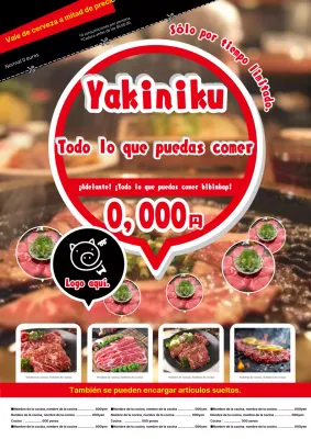 Sencillo anuncio de carne "todo lo que puedas comer" con un cupón rojo y blanco