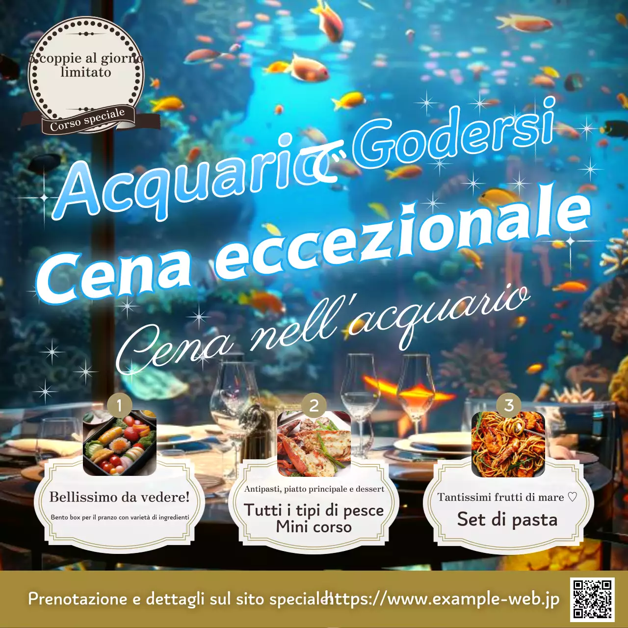 Avviso per attirare i clienti per una cena in un acquario alla moda in azzurro e oro.
