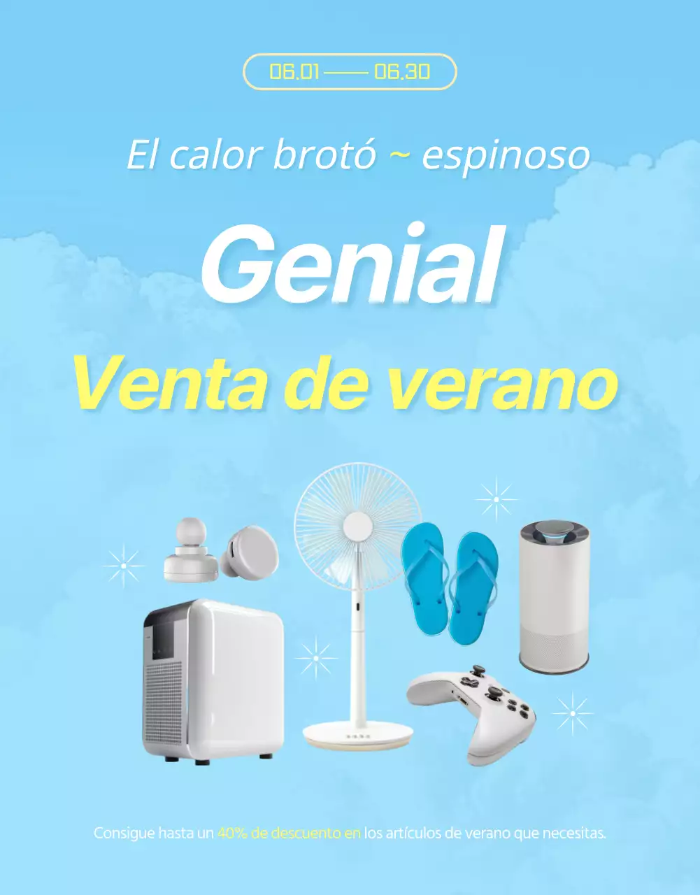 Anuncio de rebajas de verano con toques azules y amarillos