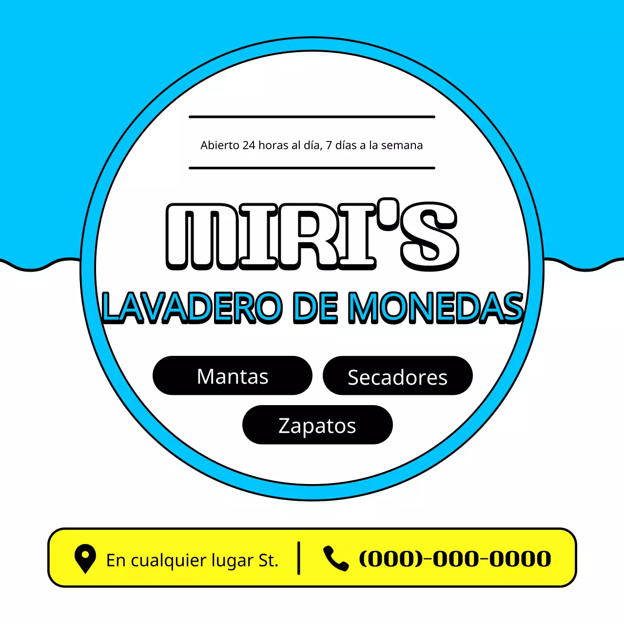 Un sencillo anuncio de lavandería de monedas en azul claro y amarillo