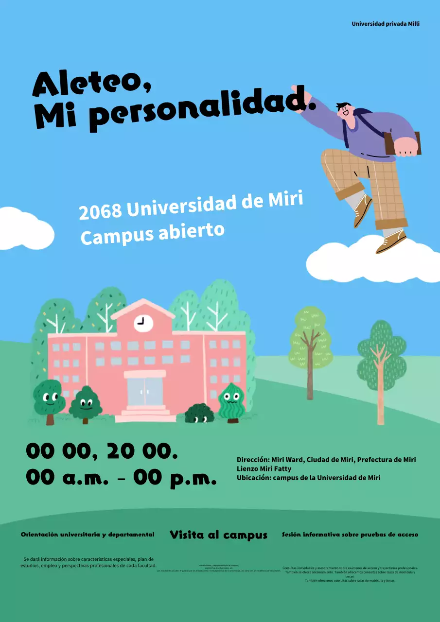 Un sencillo folleto azul claro y verde para un campus abierto en una universidad nacional privada