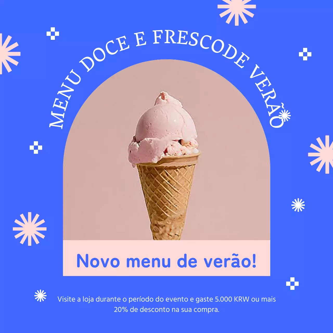 Um anúncio simples de lançamento de um menu de sobremesas de verão em azul e cor-de-rosa