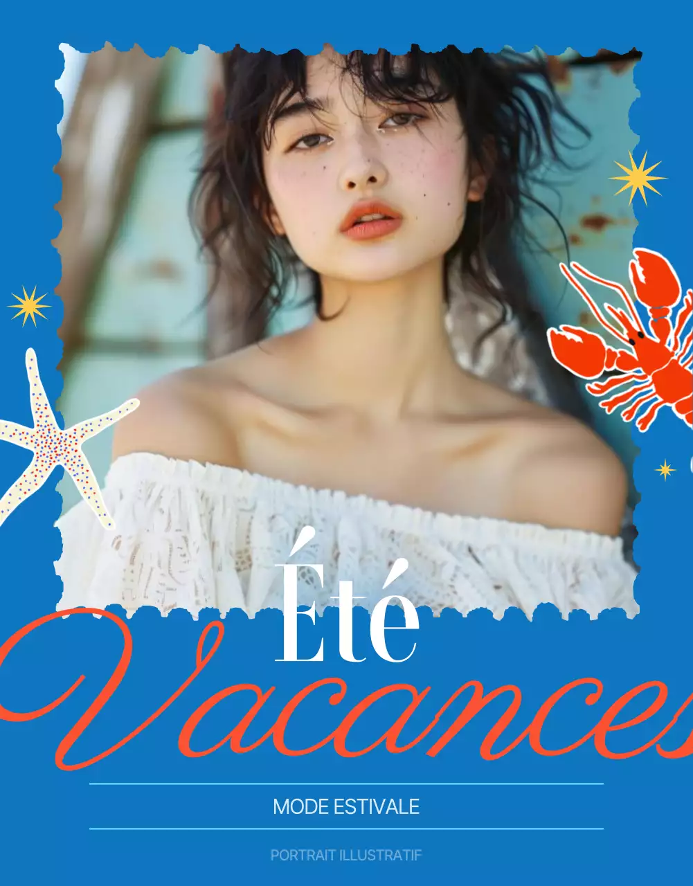 Publicité estivale vintage en bleu et rouge
