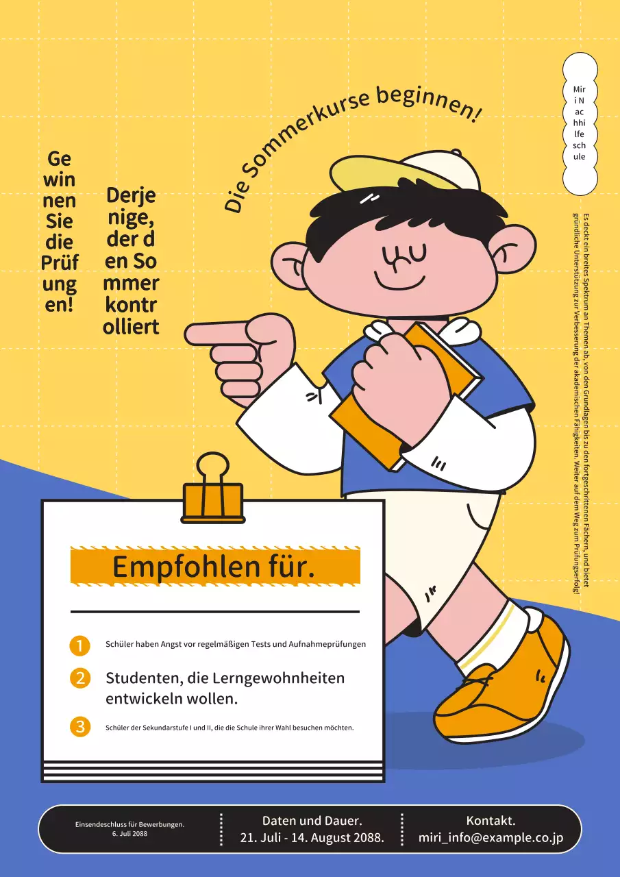 Werbung für die Sommerferienangebote der Schule in Gelb und Blau