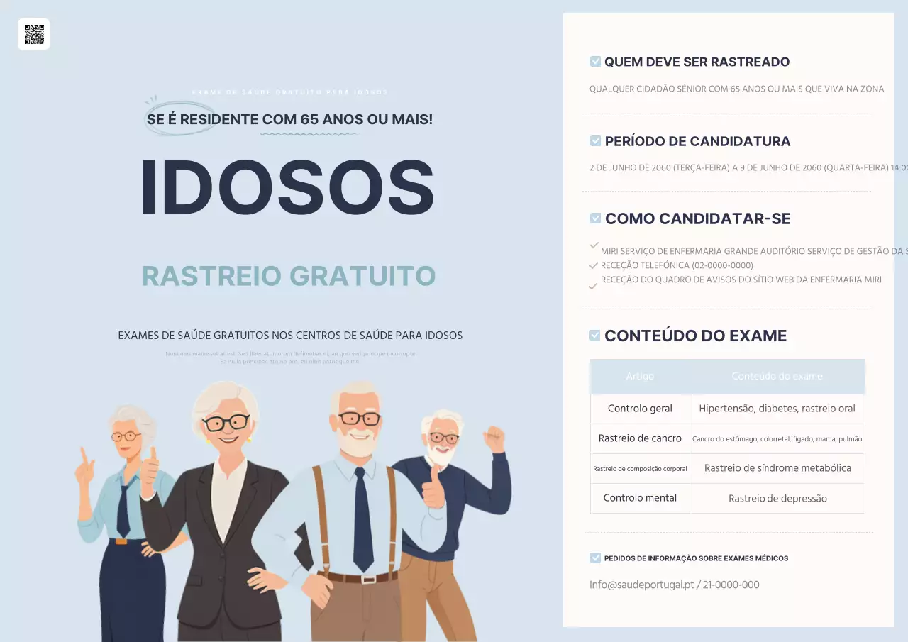 Informações sobre exames de saúde gratuitos para idosos em cores simples, azul claro e castanho