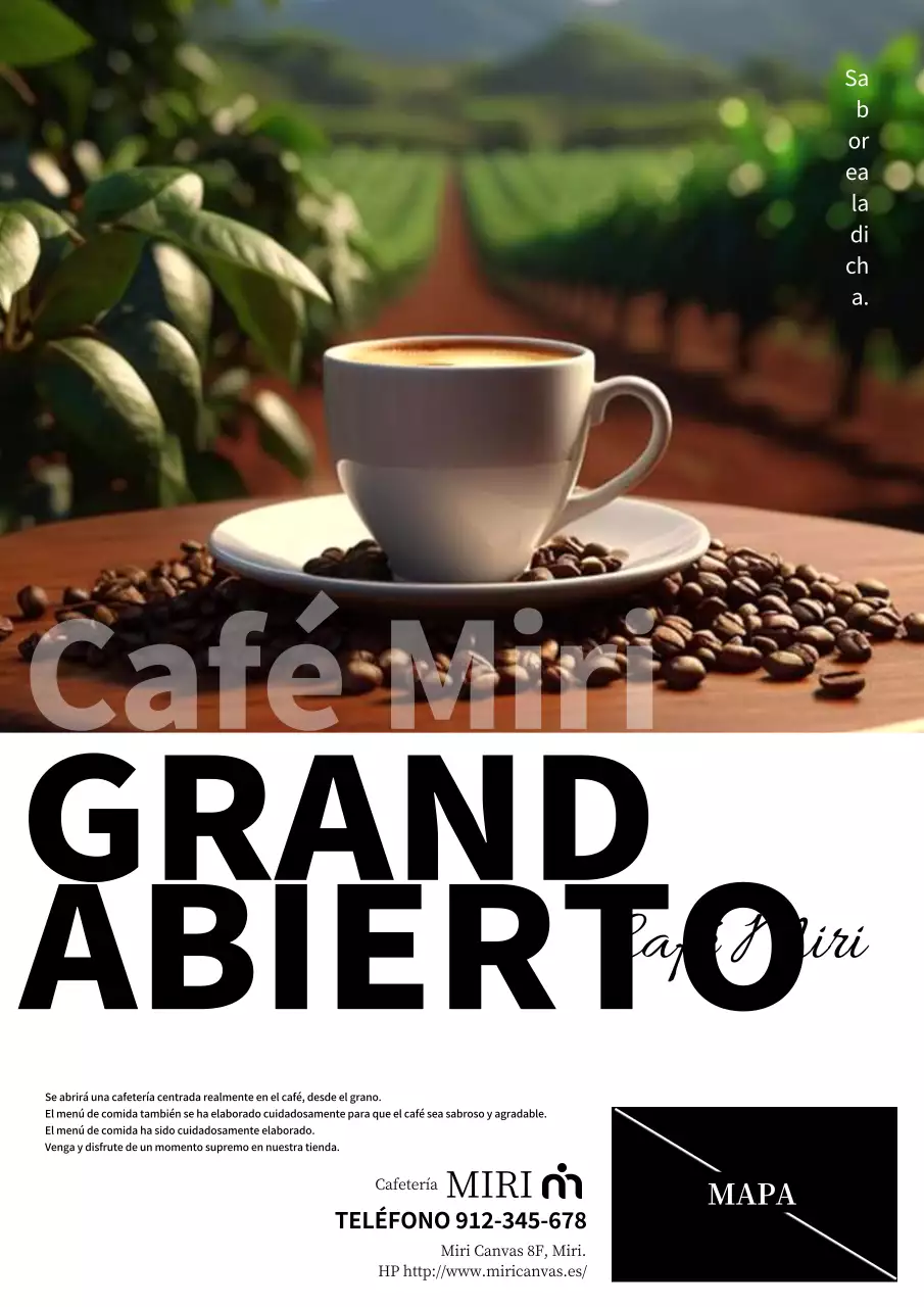 Anuncio de inauguración de una sencilla cafetería blanca