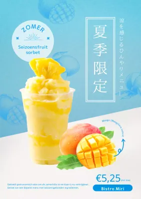 Publiciteit voor een nieuw menu met seizoensgebonden zomerproducten, met als hoogtepunt een gele en lichtblauwe vruchtensorbet.