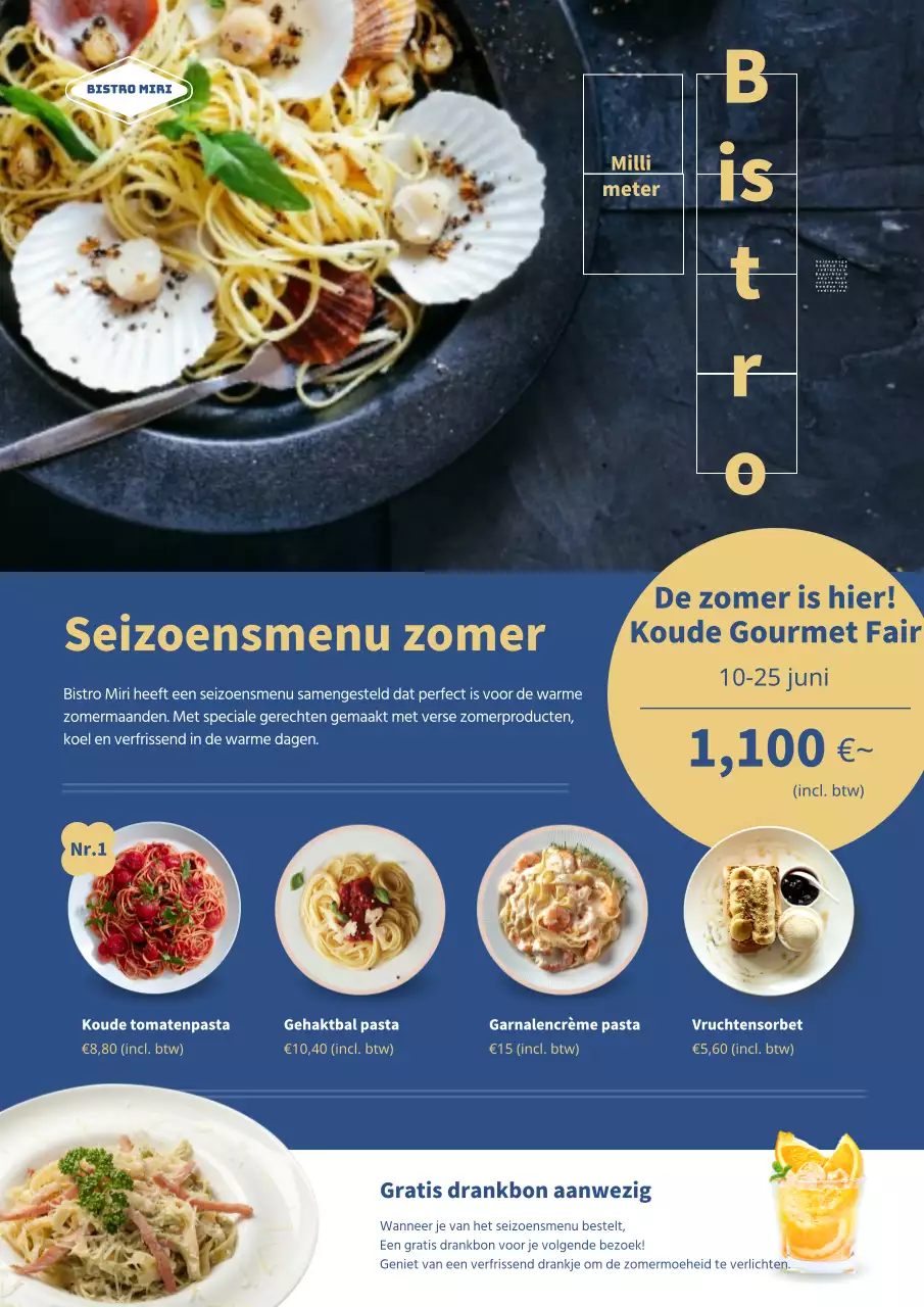 Promoot nieuwe zomerse seizoensmenu's in luxueus blauw en geel