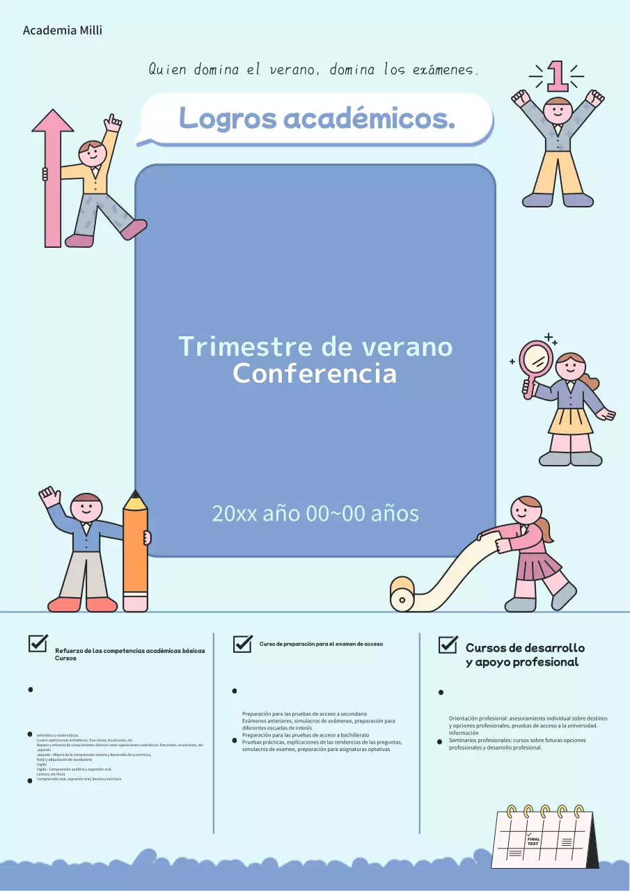 Un folleto para un curso de verano en una bonita academia azul y celeste