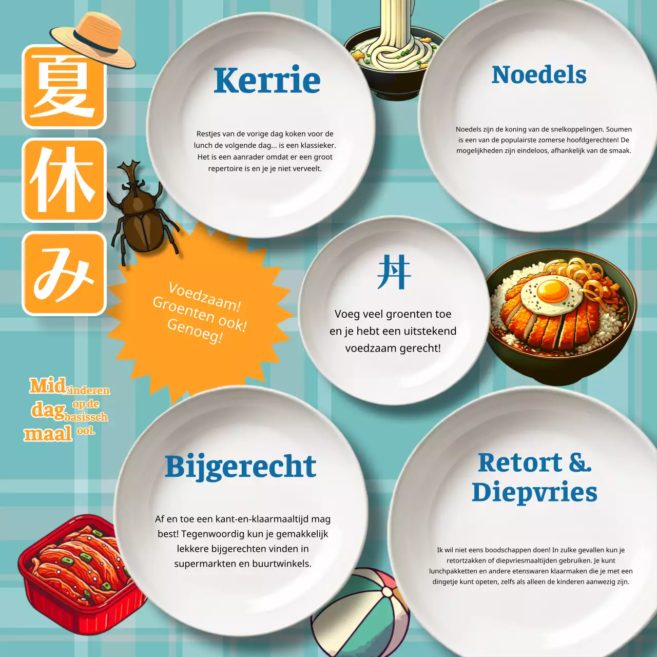 Hier is een eenvoudige oranje en blauwe zomervakantie lunch voor de basisschool.