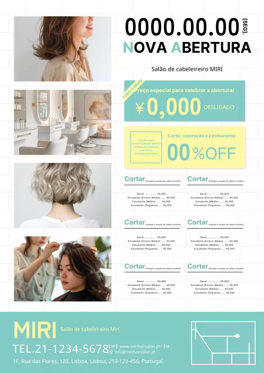 Anúncio bonito e moderno de salão de cabeleireiro em menta e amarelo