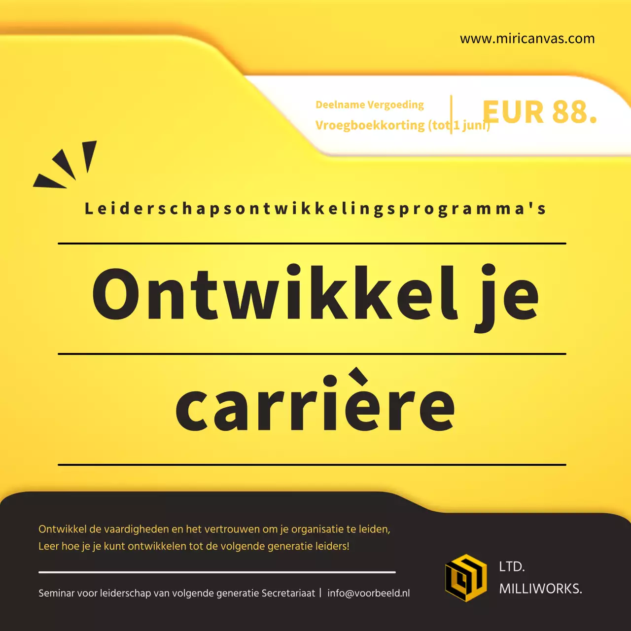 Een trendy seminar over leiderschapsontwikkeling promoten in geel en zwart