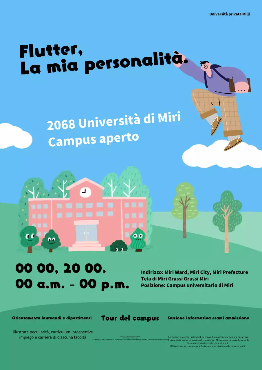 Un semplice volantino azzurro e verde per un open campus di un'università nazionale privata