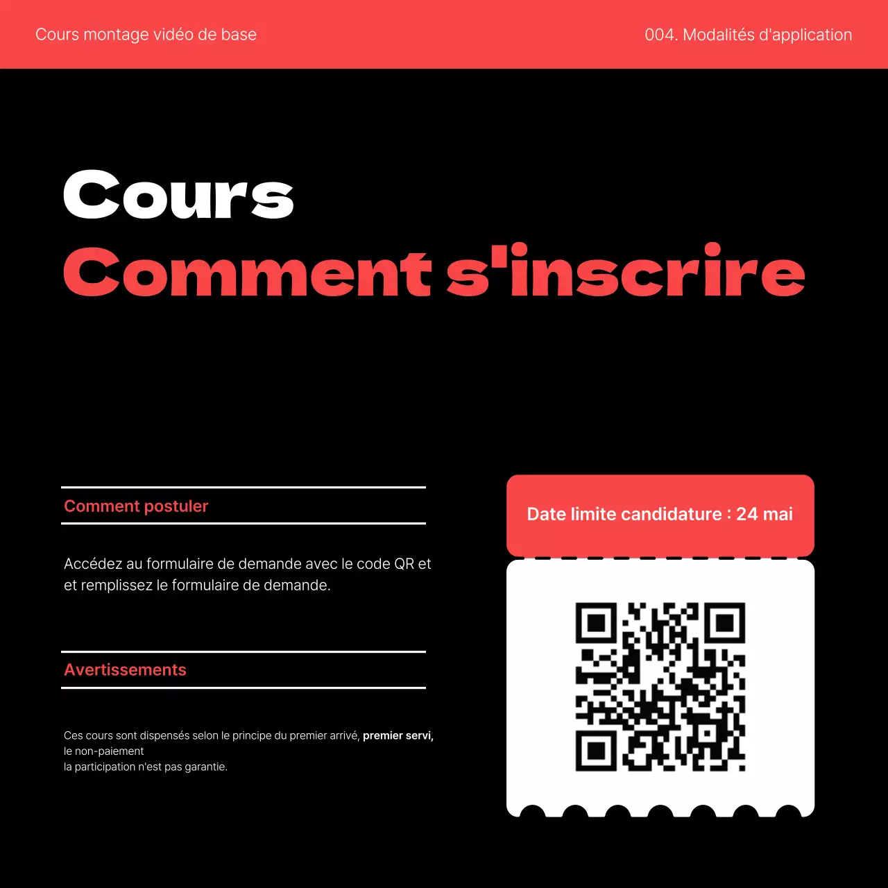 Promouvoir un cours simple d'auto-amélioration du montage vidéo en rouge et noir